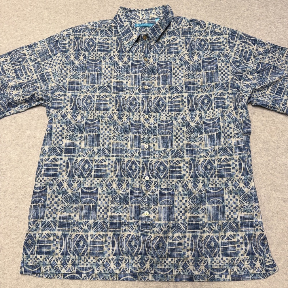 Tori Richard Shirt Mens XL Blue Geometric Hawaiian Aloha Button Up Made Hawaii